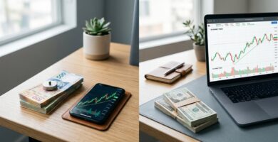 Billetes de pesos mexicanos con un celular mostrando una gráfica y billetes de dólares con una laptop, ilustrando la decisión de comprar ETFs desde México en pesos o en dólares