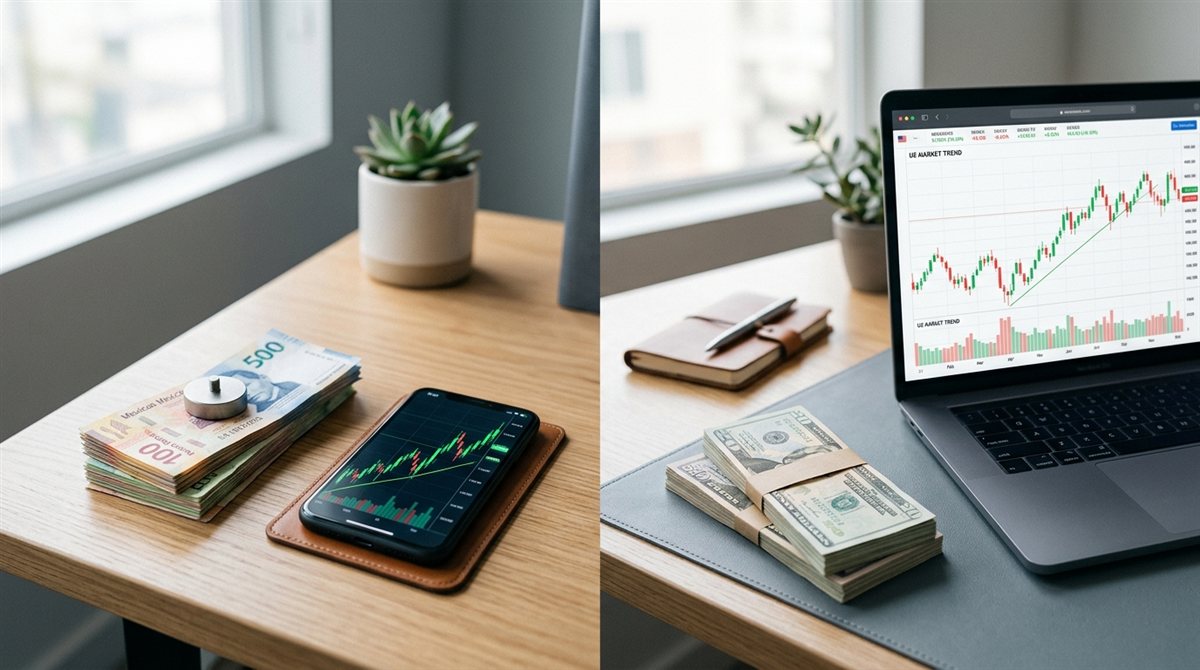 Billetes de pesos mexicanos con un celular mostrando una gráfica y billetes de dólares con una laptop, ilustrando la decisión de comprar ETFs desde México en pesos o en dólares