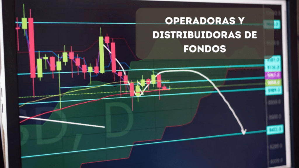 Pantalla con gráficas de velas y datos bursátiles que analiza una operadora de fondos de inversión