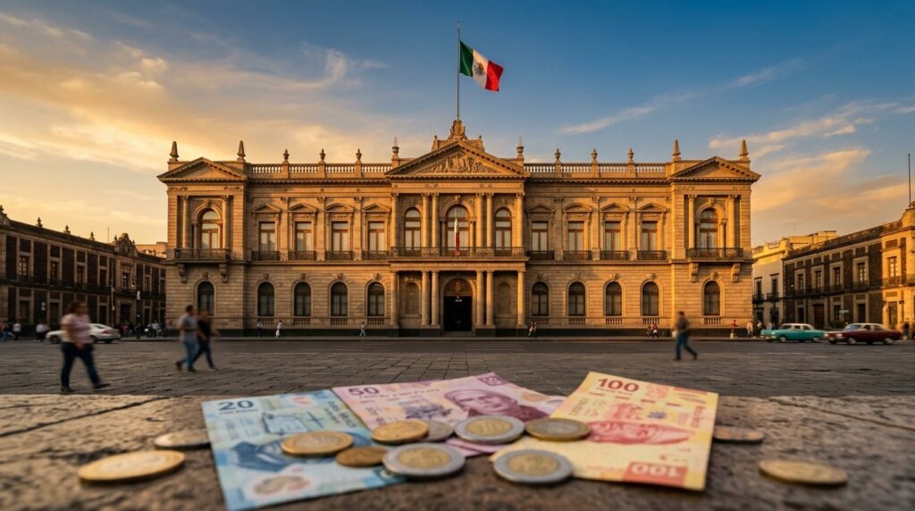 Palacio Nacional y billetes de peso mexicano que representan a la Secretaría de Hacienda y Crédito Público, rectora de las finanzas públicas de México