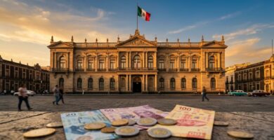 Palacio Nacional y billetes de peso mexicano que representan a la Secretaría de Hacienda y Crédito Público, rectora de las finanzas públicas de México