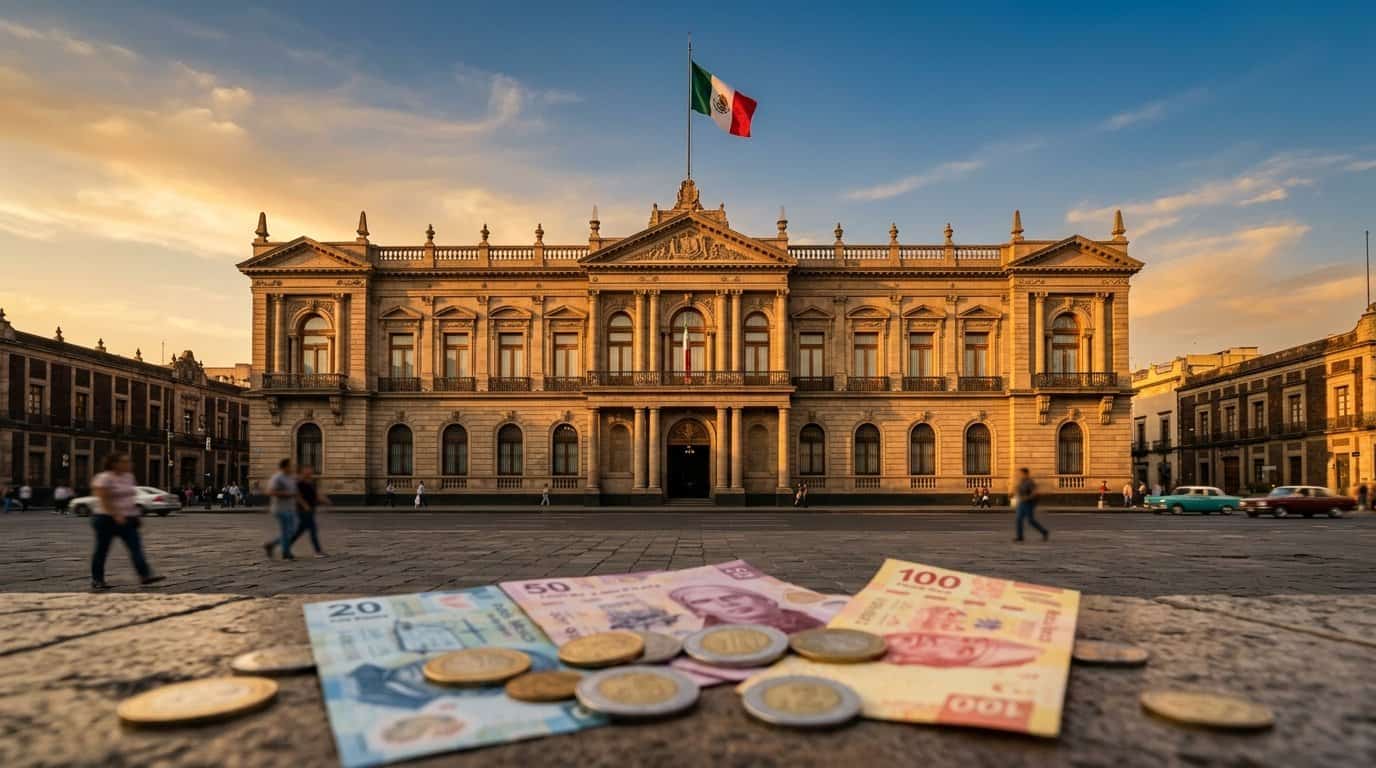 Palacio Nacional y billetes de peso mexicano que representan a la Secretaría de Hacienda y Crédito Público, rectora de las finanzas públicas de México