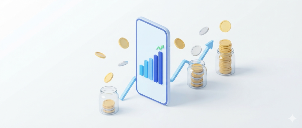 Análisis gráficas de inversión en una tablet y un smartphone junto a monedas apiladas