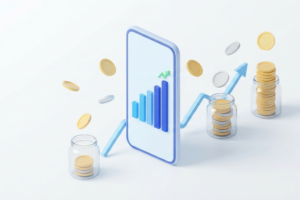 Análisis gráficas de inversión en una tablet y un smartphone junto a monedas apiladas