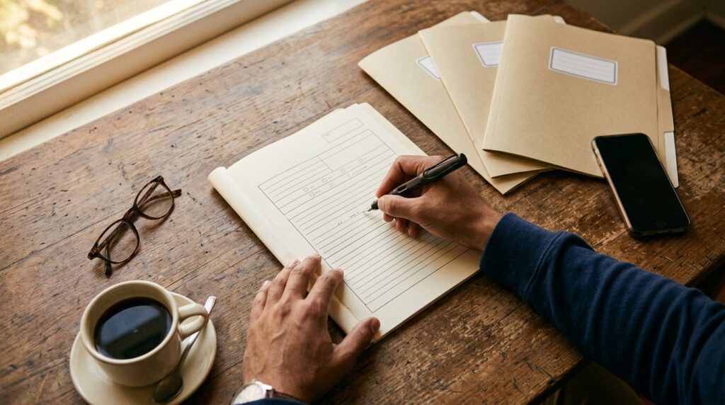 Manos de una persona llenando a mano un formato de designación de beneficiarios con una pluma fuente, sobre un escritorio de madera junto a la ventana, con tres carpetas de archivo cerradas y etiquetadas, unos lentes, una taza de café y un celular boca abajo