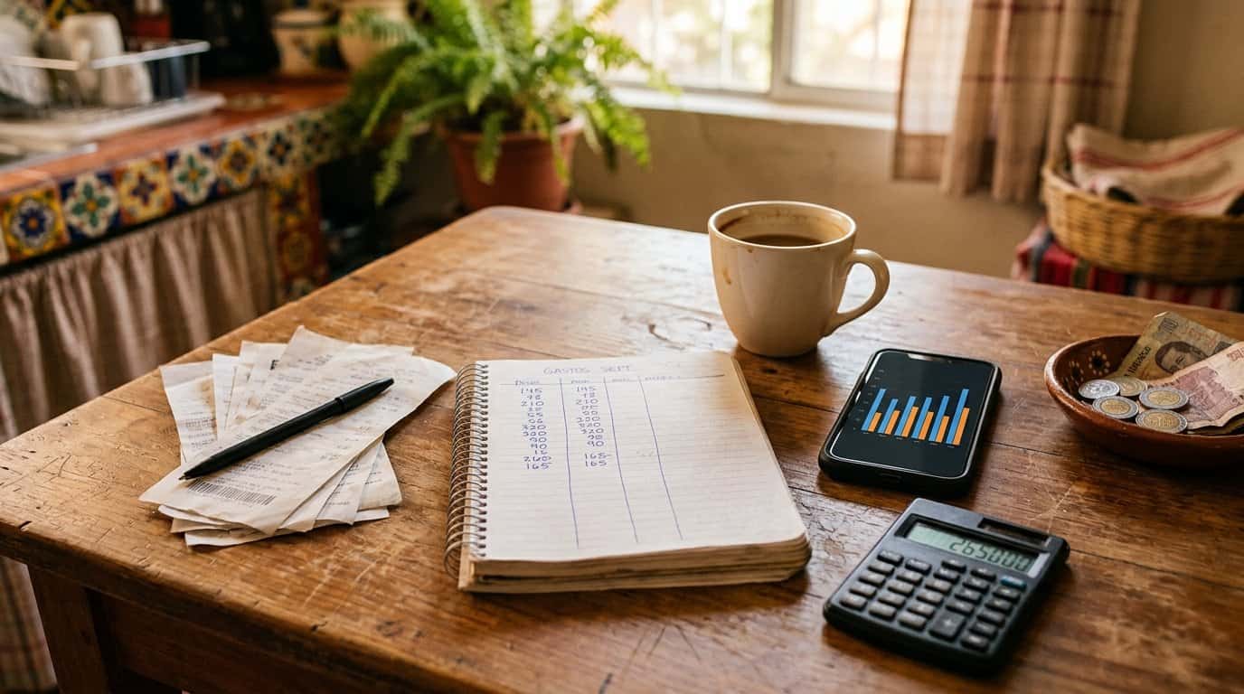 Mesa de cocina de madera con una libreta donde alguien anotó a mano los gastos del mes, tickets de compra, una taza de café, un celular con una gráfica de gastos y una calculadora