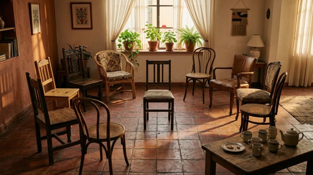 Ocho sillas vacías acomodadas en círculo en la sala de una casa mexicana, con una novena silla sola en el centro, tazas de té usadas sobre una mesa baja y luz de tarde entrando por la ventana