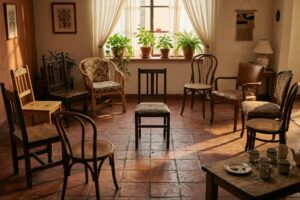 Ocho sillas vacías acomodadas en círculo en la sala de una casa mexicana, con una novena silla sola en el centro, tazas de té usadas sobre una mesa baja y luz de tarde entrando por la ventana