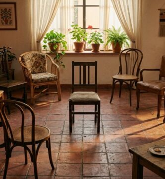 Ocho sillas vacías acomodadas en círculo en la sala de una casa mexicana, con una novena silla sola en el centro, tazas de té usadas sobre una mesa baja y luz de tarde entrando por la ventana