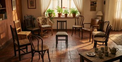 Ocho sillas vacías acomodadas en círculo en la sala de una casa mexicana, con una novena silla sola en el centro, tazas de té usadas sobre una mesa baja y luz de tarde entrando por la ventana