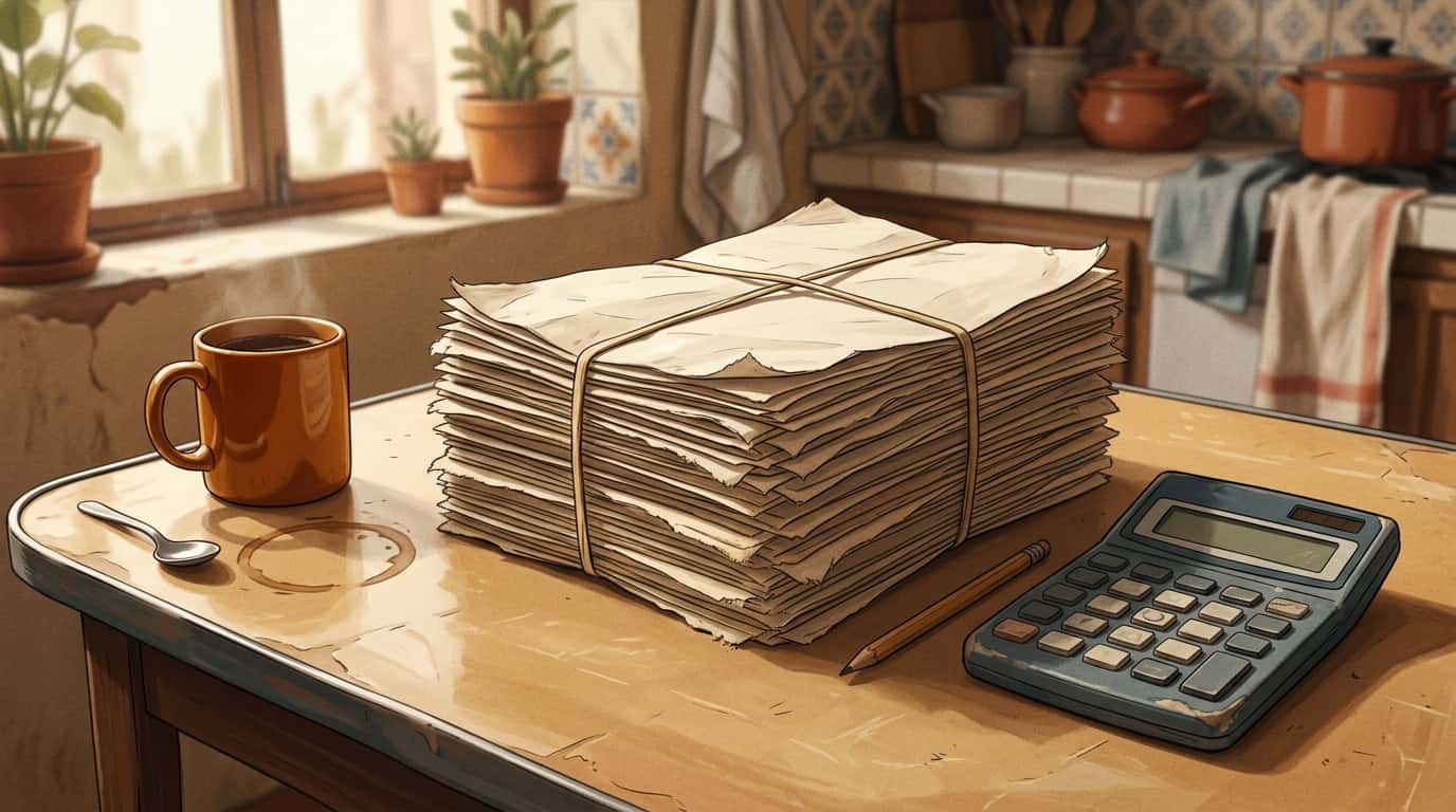 Mesa de cocina con un fajo de estados de cuenta viejos atados con una liga, una calculadora de bolsillo gastada y una taza de café con su mancha en la formica