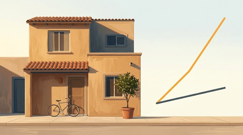 Casa mexicana de dos pisos al atardecer con dos líneas ascendentes que se separan desde el mismo punto sobre el tejado