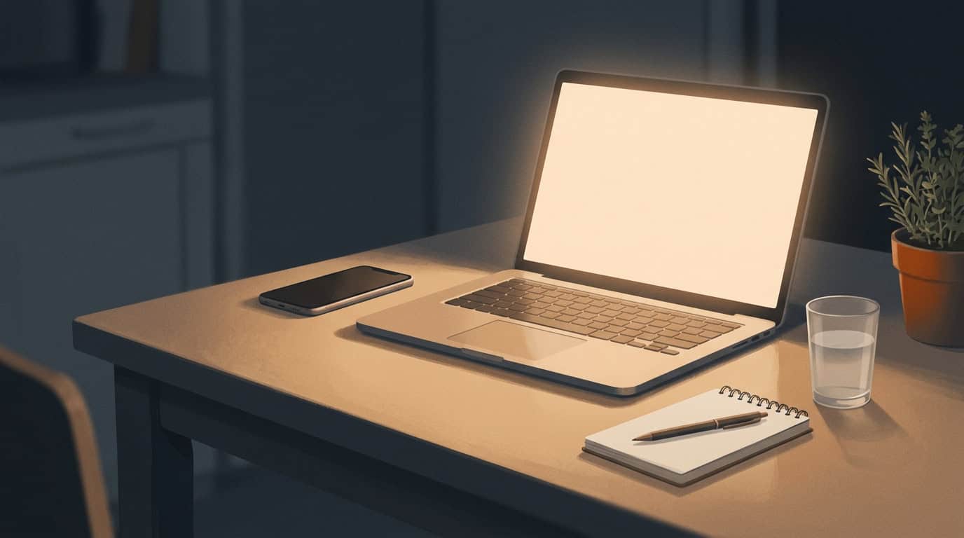 Mesa de cocina de noche con una laptop abierta cuyo resplandor ilumina un cuaderno en blanco con una pluma encima y un vaso de agua