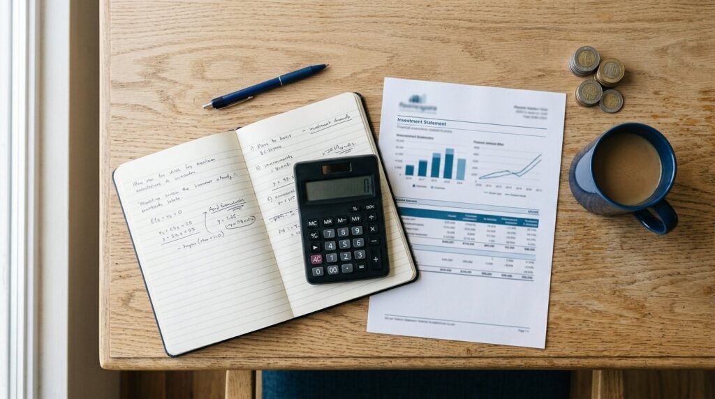 Persona revisando documentos fiscales y estados de cuenta de inversión con una calculadora sobre un escritorio