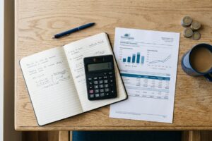 Persona revisando documentos fiscales y estados de cuenta de inversión con una calculadora sobre un escritorio