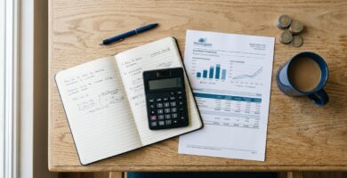 Persona revisando documentos fiscales y estados de cuenta de inversión con una calculadora sobre un escritorio