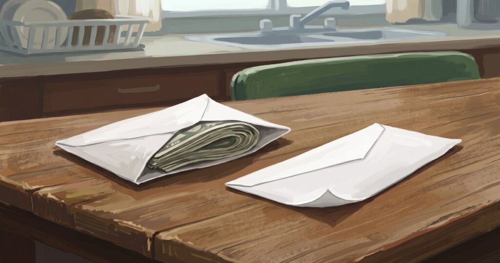 Dos sobres iguales sobre una mesa de madera, uno abierto con un fajo de billetes dentro y el otro vacío, como el mismo saldo comprando pensiones distintas