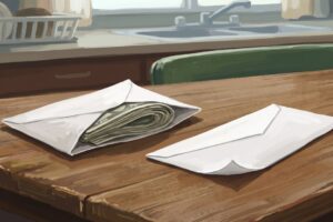 Dos sobres iguales sobre una mesa de madera, uno abierto con un fajo de billetes dentro y el otro vacío, como el mismo saldo comprando pensiones distintas