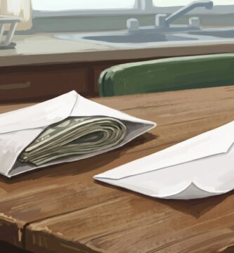Dos sobres iguales sobre una mesa de madera, uno abierto con un fajo de billetes dentro y el otro vacío, como el mismo saldo comprando pensiones distintas
