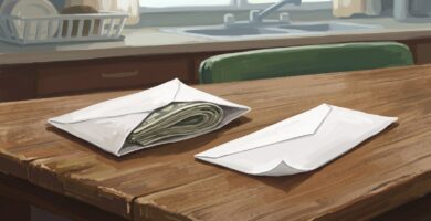 Dos sobres iguales sobre una mesa de madera, uno abierto con un fajo de billetes dentro y el otro vacío, como el mismo saldo comprando pensiones distintas