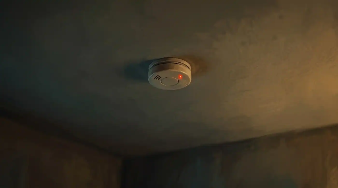 Detector de humo en el techo de una habitación vacía con su pequeño LED rojo encendido