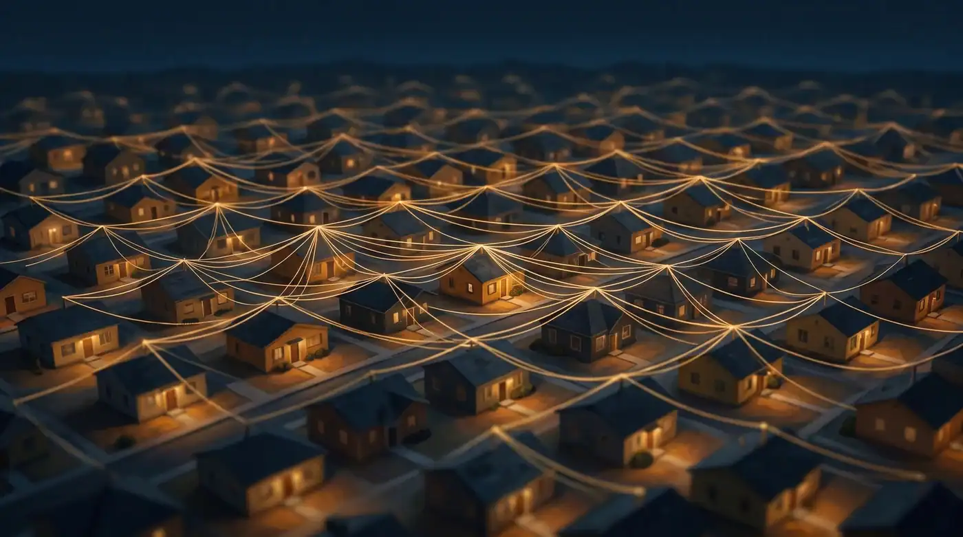 Vista aérea nocturna de un vecindario cuyas casas están unidas entre sí por una red de hilos dorados luminosos