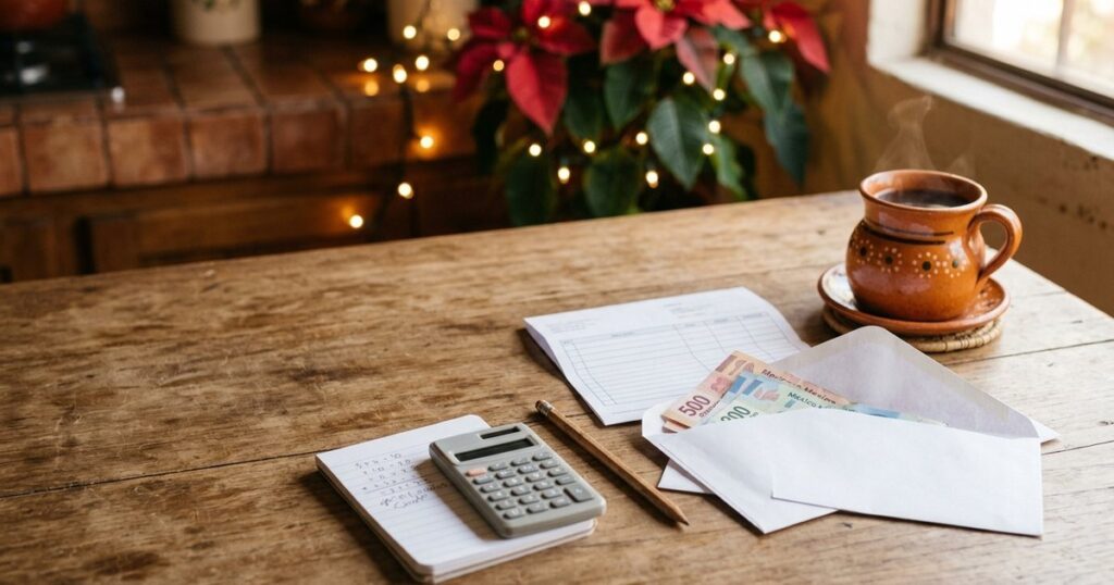 Mesa de madera de una cocina mexicana en diciembre con un sobre abierto con billetes, un recibo de nómina, una calculadora, una libreta con cuentas y una taza de café de olla, con una nochebuena y luces navideñas al fondo