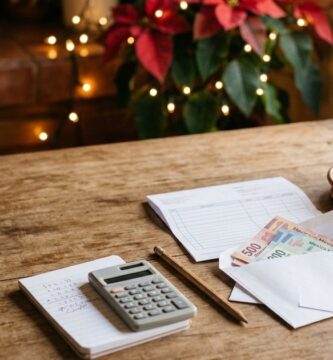 Mesa de madera de una cocina mexicana en diciembre con un sobre abierto con billetes, un recibo de nómina, una calculadora, una libreta con cuentas y una taza de café de olla, con una nochebuena y luces navideñas al fondo