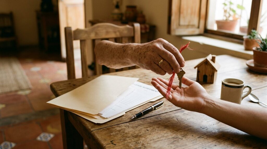 Mano de una persona mayor con argolla de matrimonio entregando una llave de casa atada con un listón rojo en la palma abierta de una persona joven, sobre una mesa de madera con una carpeta de documentos, una pluma, una casita de madera y una taza de café