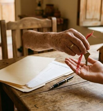 Mano de una persona mayor con argolla de matrimonio entregando una llave de casa atada con un listón rojo en la palma abierta de una persona joven, sobre una mesa de madera con una carpeta de documentos, una pluma, una casita de madera y una taza de café