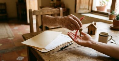 Mano de una persona mayor con argolla de matrimonio entregando una llave de casa atada con un listón rojo en la palma abierta de una persona joven, sobre una mesa de madera con una carpeta de documentos, una pluma, una casita de madera y una taza de café