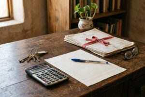 Escritorio de madera con un formulario de papel en blanco y una pluma encima, un juego de llaves de casa, una calculadora, unos lentes y un legajo de escrituras atado con un liston, iluminados por la luz de una ventana