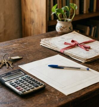 Escritorio de madera con un formulario de papel en blanco y una pluma encima, un juego de llaves de casa, una calculadora, unos lentes y un legajo de escrituras atado con un liston, iluminados por la luz de una ventana