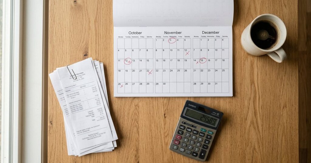 Vista cenital de un escritorio de madera con un calendario con fechas marcadas, una pila de recibos sujetos con un clip, una calculadora y una taza de café