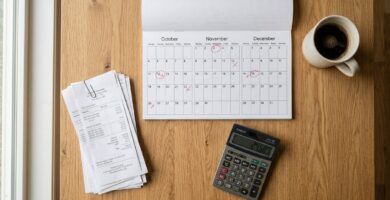 Vista cenital de un escritorio de madera con un calendario con fechas marcadas, una pila de recibos sujetos con un clip, una calculadora y una taza de café