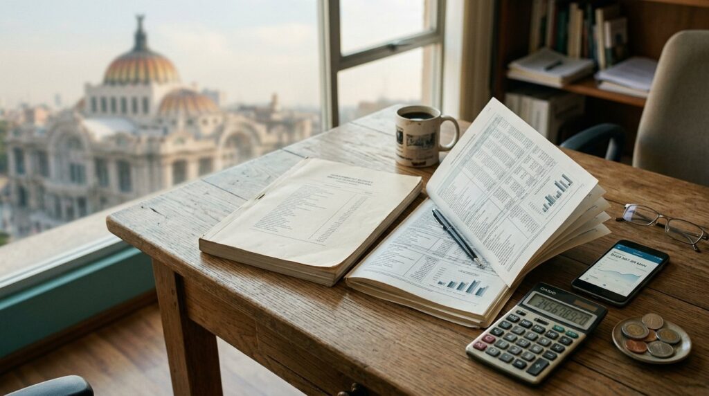 Documento presupuestal impreso con tablas y gráficas sobre un escritorio de madera, junto a una calculadora, un teléfono con una app bancaria y monedas, con la Ciudad de México al fondo