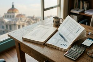 Documento presupuestal impreso con tablas y gráficas sobre un escritorio de madera, junto a una calculadora, un teléfono con una app bancaria y monedas, con la Ciudad de México al fondo