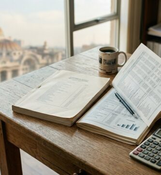 Documento presupuestal impreso con tablas y gráficas sobre un escritorio de madera, junto a una calculadora, un teléfono con una app bancaria y monedas, con la Ciudad de México al fondo