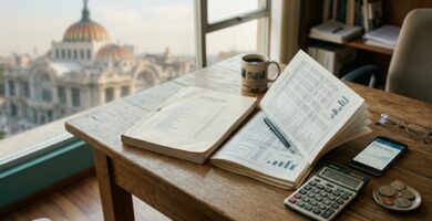 Documento presupuestal impreso con tablas y gráficas sobre un escritorio de madera, junto a una calculadora, un teléfono con una app bancaria y monedas, con la Ciudad de México al fondo