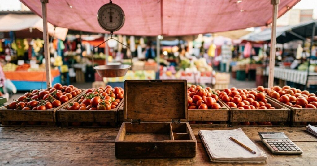 Mostrador de madera de un puesto de jitomates en un mercado mexicano con una caja de dinero de madera abierta y vacía, una libreta con apuntes a lápiz y una calculadora, con huacales de jitomate y una báscula colgante al fondo