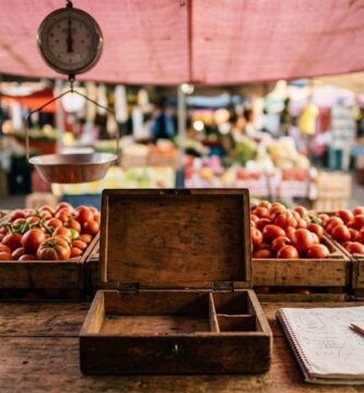 Mostrador de madera de un puesto de jitomates en un mercado mexicano con una caja de dinero de madera abierta y vacía, una libreta con apuntes a lápiz y una calculadora, con huacales de jitomate y una báscula colgante al fondo