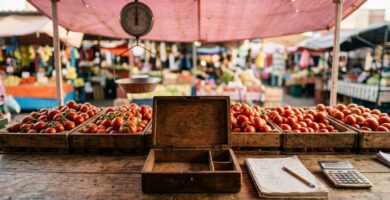 Mostrador de madera de un puesto de jitomates en un mercado mexicano con una caja de dinero de madera abierta y vacía, una libreta con apuntes a lápiz y una calculadora, con huacales de jitomate y una báscula colgante al fondo