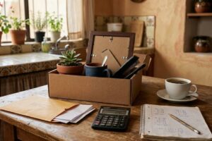 Mesa de cocina con una caja de cartón con objetos de oficina, un sobre abierto, una calculadora, una taza de café y una libreta con cuentas a mano, iluminada por la luz de la mañana