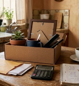 Mesa de cocina con una caja de cartón con objetos de oficina, un sobre abierto, una calculadora, una taza de café y una libreta con cuentas a mano, iluminada por la luz de la mañana