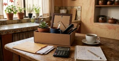 Mesa de cocina con una caja de cartón con objetos de oficina, un sobre abierto, una calculadora, una taza de café y una libreta con cuentas a mano, iluminada por la luz de la mañana