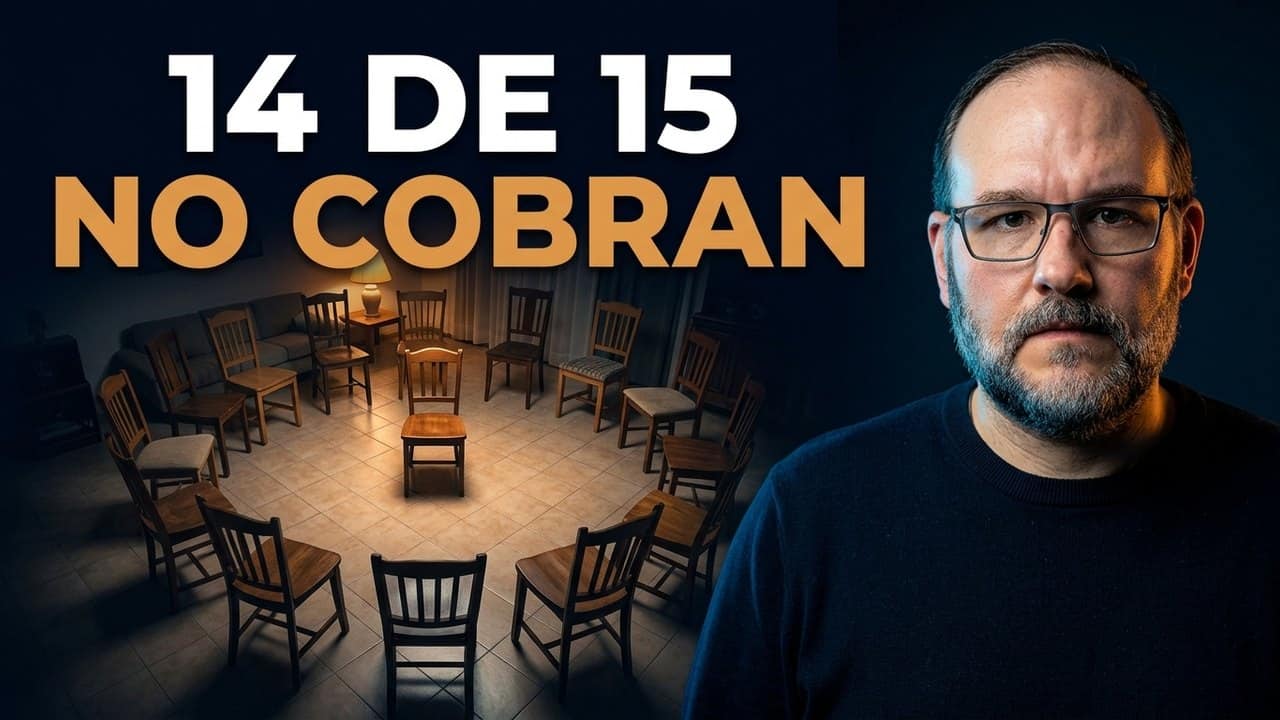 Miniatura de la serie Cómo perdieron todo: Pablo Padilla frente a sillas en círculo, con el texto 14 de 15 no cobran