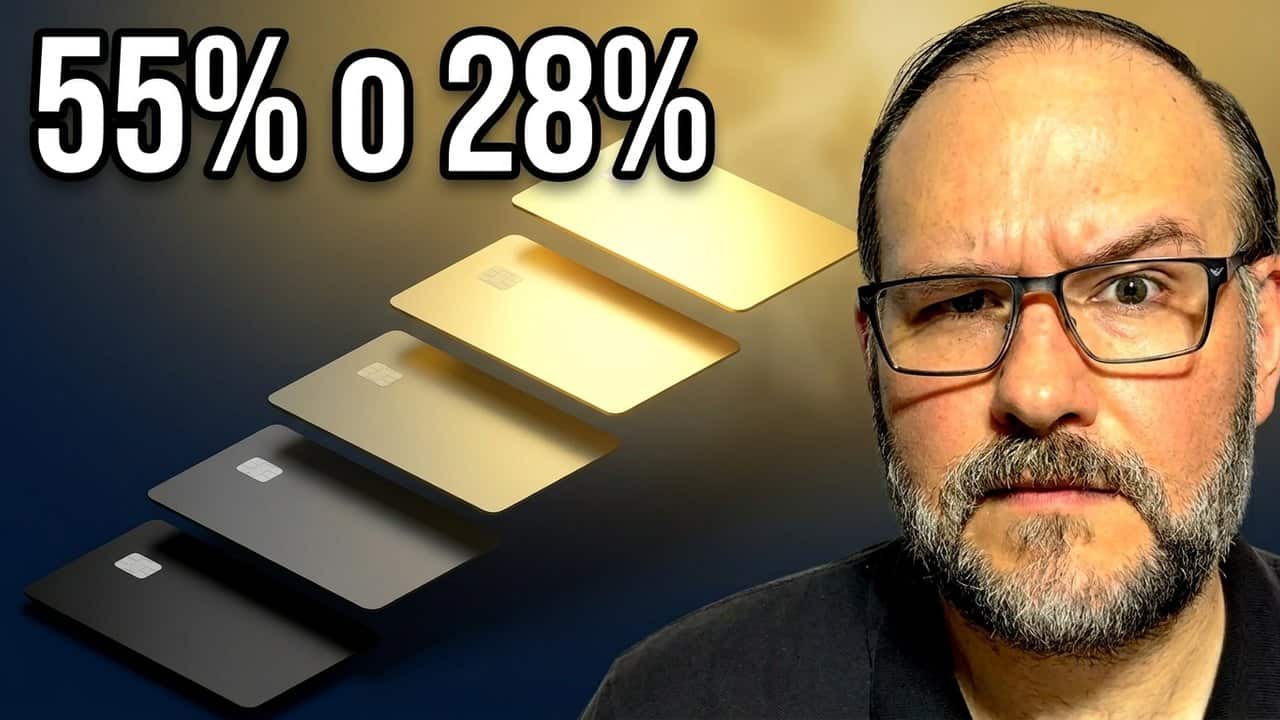 Miniatura de la serie En cada nivel: tarjetas de crédito escalonadas de la básica a la platino, con el texto 55% o 28%