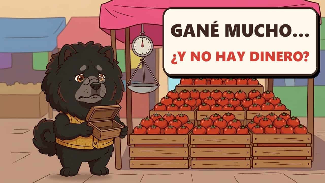 Miniatura de la serie animada Pesos y kilos: una perrita chow chow con una caja de dinero vacía en un puesto de jitomates