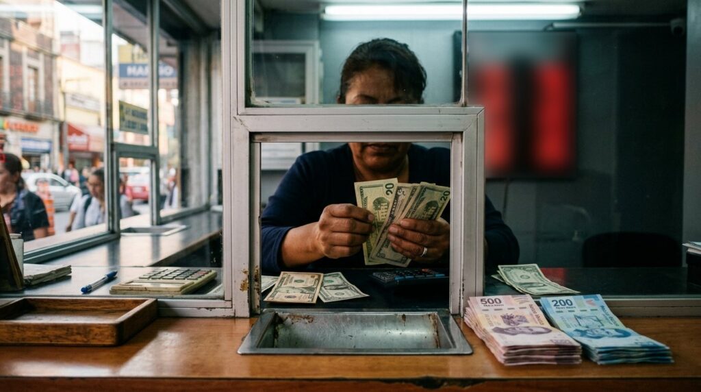 Ventanilla de una casa de cambio con un tablero de precios de compra y venta del dólar y billetes de pesos y dólares sobre el mostrador