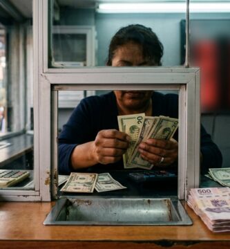 Ventanilla de una casa de cambio con un tablero de precios de compra y venta del dólar y billetes de pesos y dólares sobre el mostrador